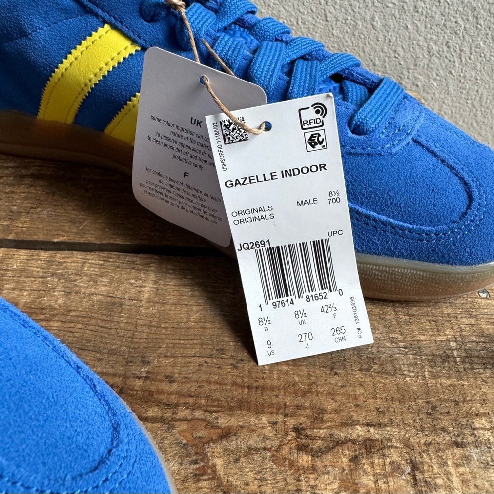NWT adidas Gazelle Indoor Shoe Blue / Pure Sulfur / Gum Sneaker Mens sz 8.5 - Picture 3 of 8